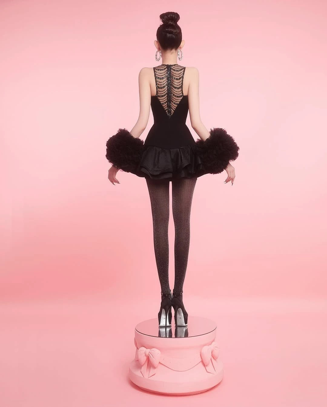 Jessica Sequin Tulle Ruched Hem Mini Dress In Black Flowering Girl