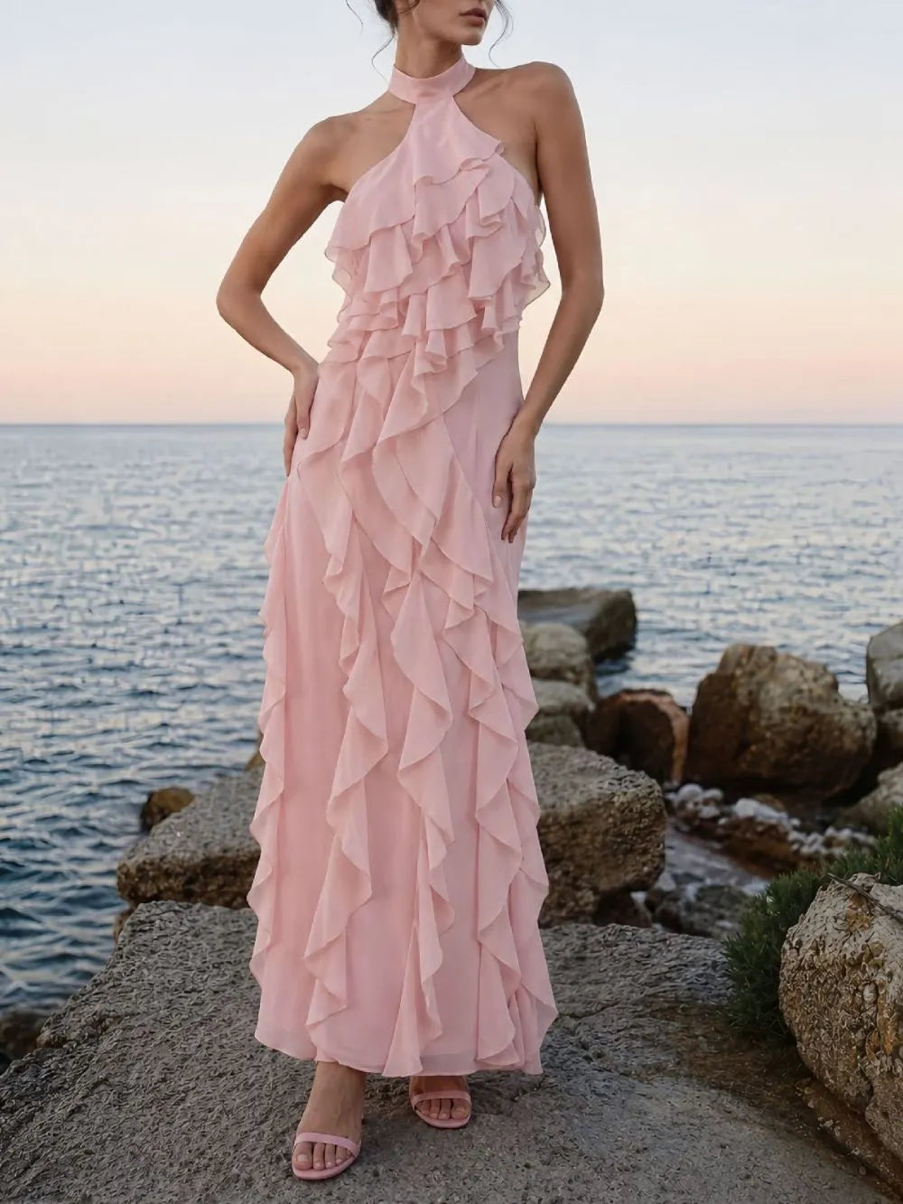 Kora Pink Halter Ruffle Maxi Dress Flowering Girl