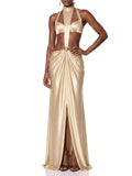 Brumel Cutout Ruched Satin Maxi Dress Flowering Girl