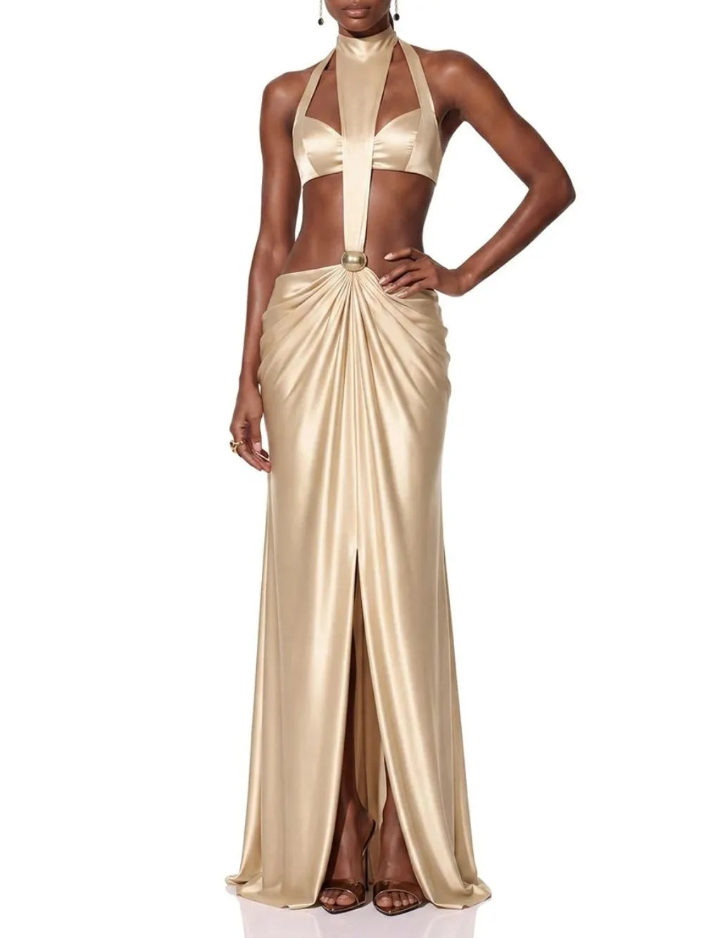 Brumel Cutout Ruched Satin Maxi Dress Flowering Girl