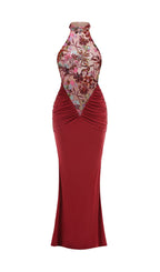 Dusha Red Halter Flower Ruched Maxi Dress