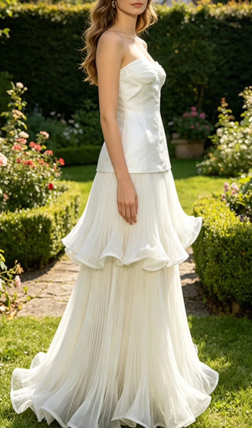 Magdi White Strapless Ruffle Hem Maxi Dress Flowering Girl