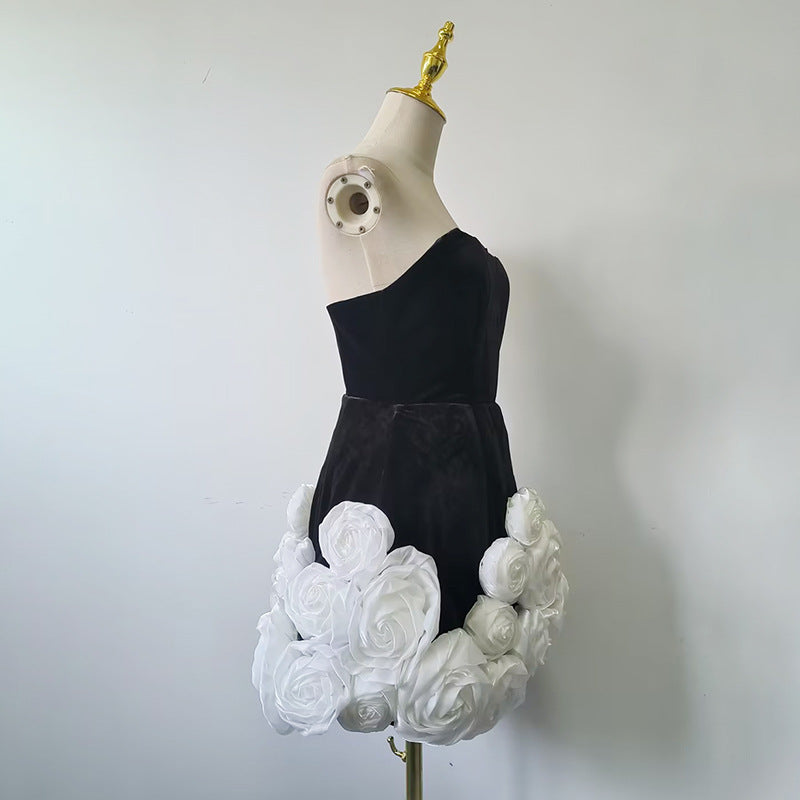 flower-embellished-hem black strapless mini dress Flowering Girl
