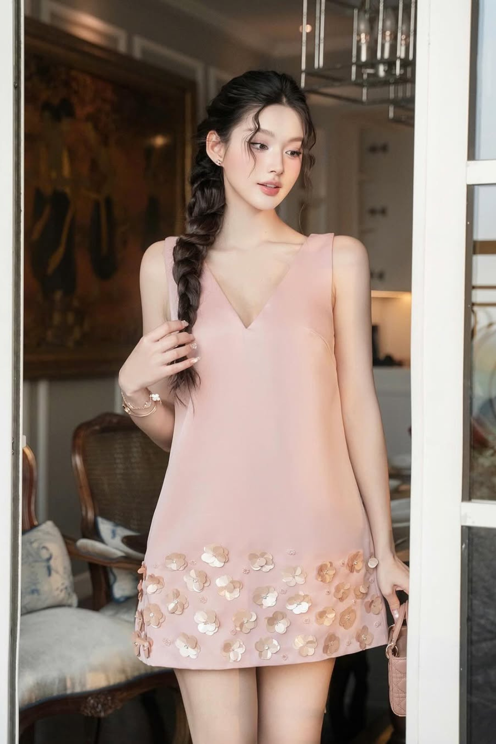 Flower Sleeveless v-Neck Mini Dress In Pink Flowering Girl