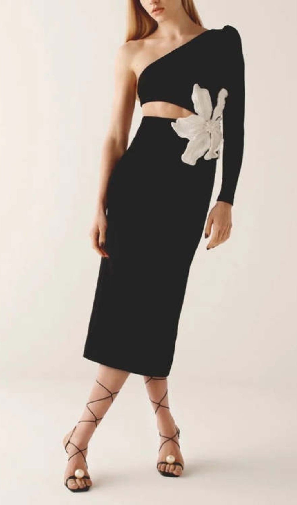 Aliyah Black Flower Bandage Midi Dress