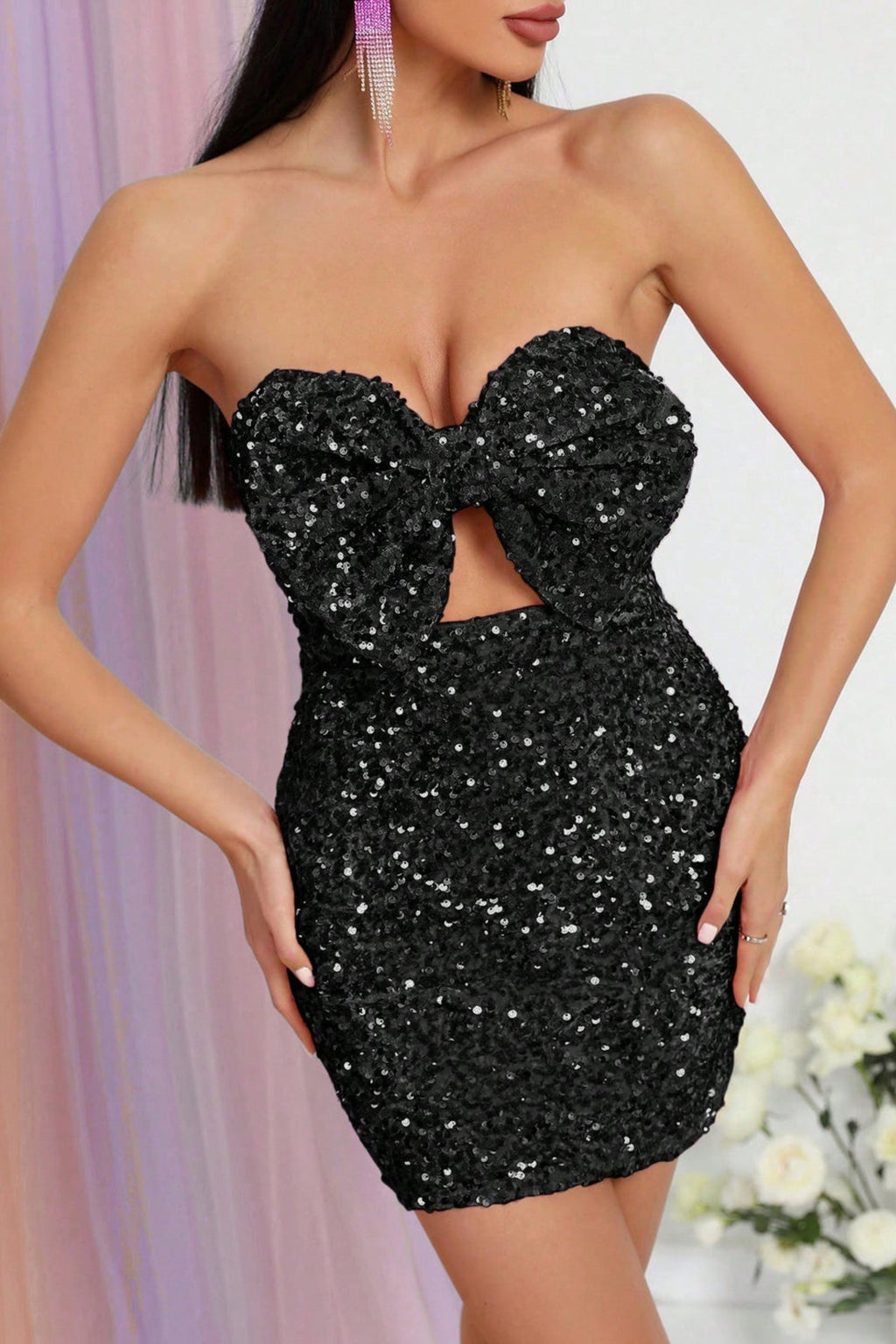 Cut Out Front Bodycon Sequin Tube Mini Dress With Bow Flowering Girl