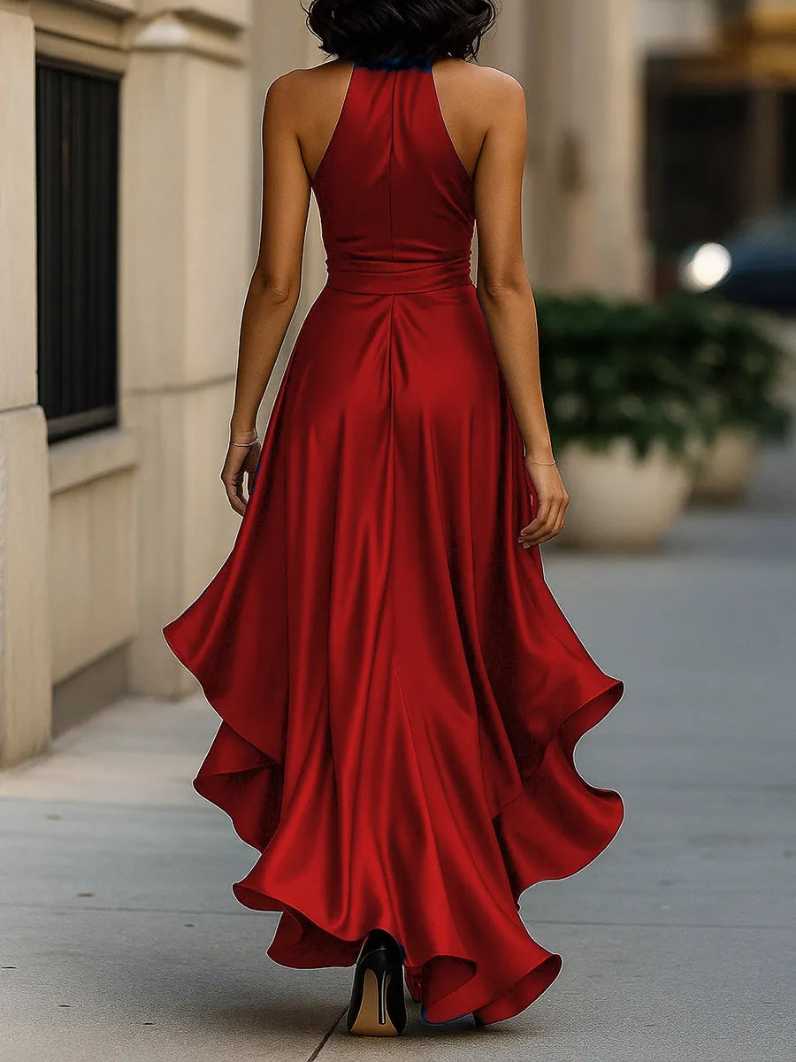 Midnight Elegance Satin Halter Ruffle Gown Flowering Girl