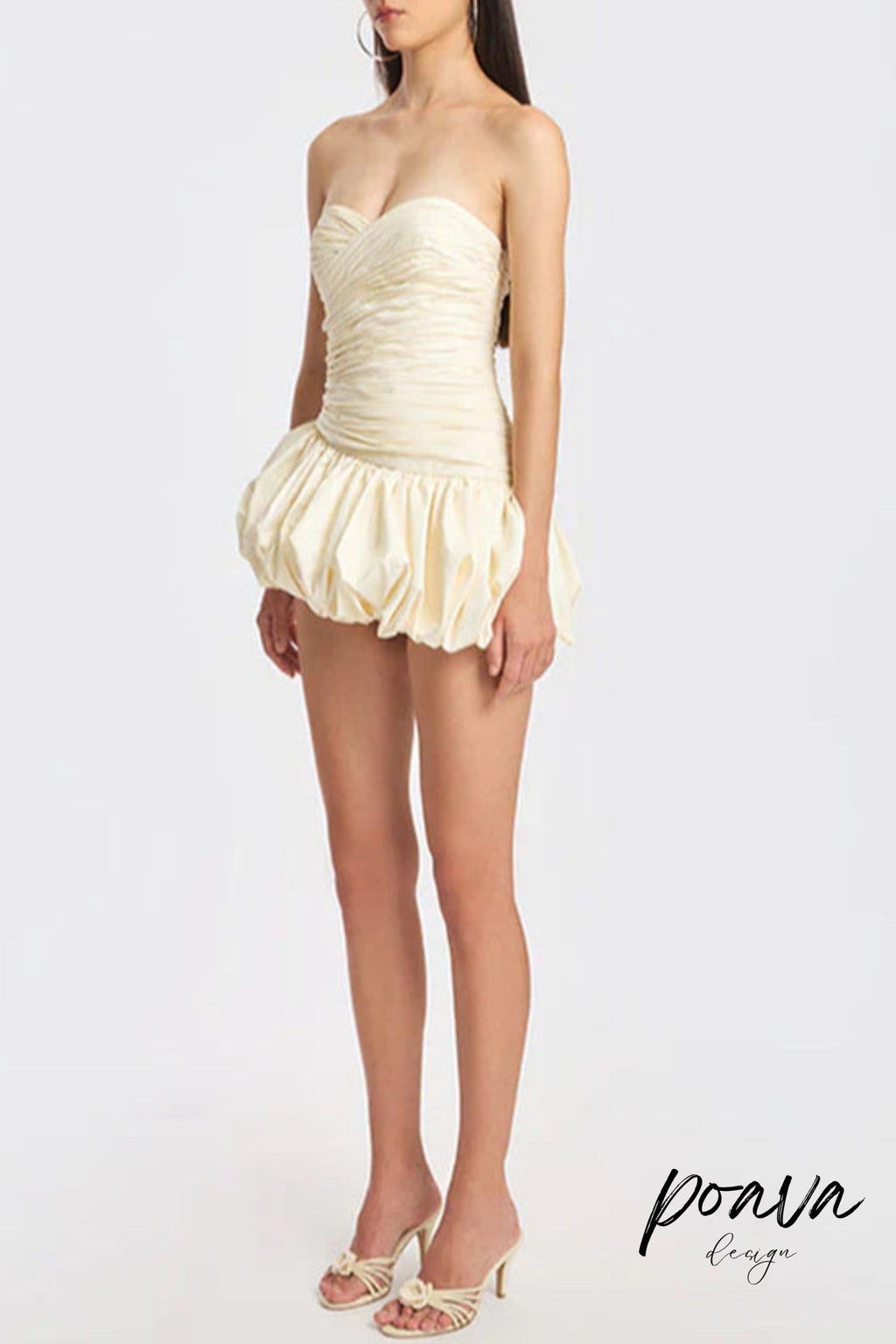 Balloon Draped Strapless Mini Dress In White Flowering Girl