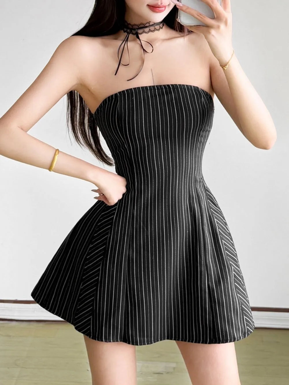 Marchesa Black Strapless Stripe Mini Dress Flowering Girl