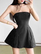 Marchesa Black Strapless Stripe Mini Dress Flowering Girl