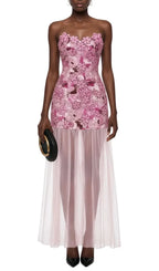 Pansya Floral Embroidery Strapless Maxi Dress - Pink Flowering Girl