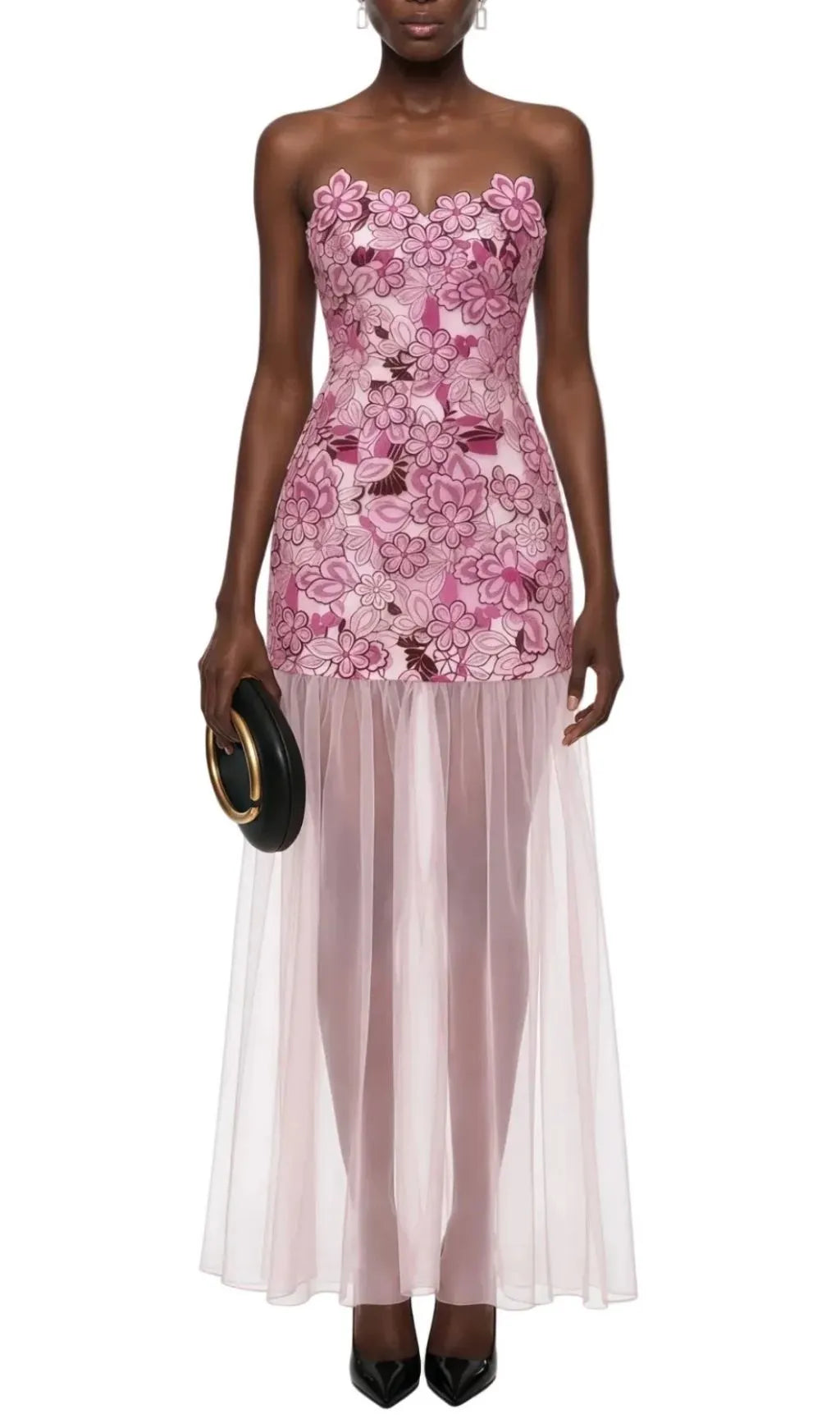 Pansya Floral Embroidery Strapless Maxi Dress - Pink Flowering Girl