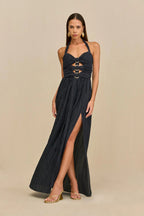 Bonnie Halter Pleated Cutout Maxi Dress In Navy Blue Flowering Girl
