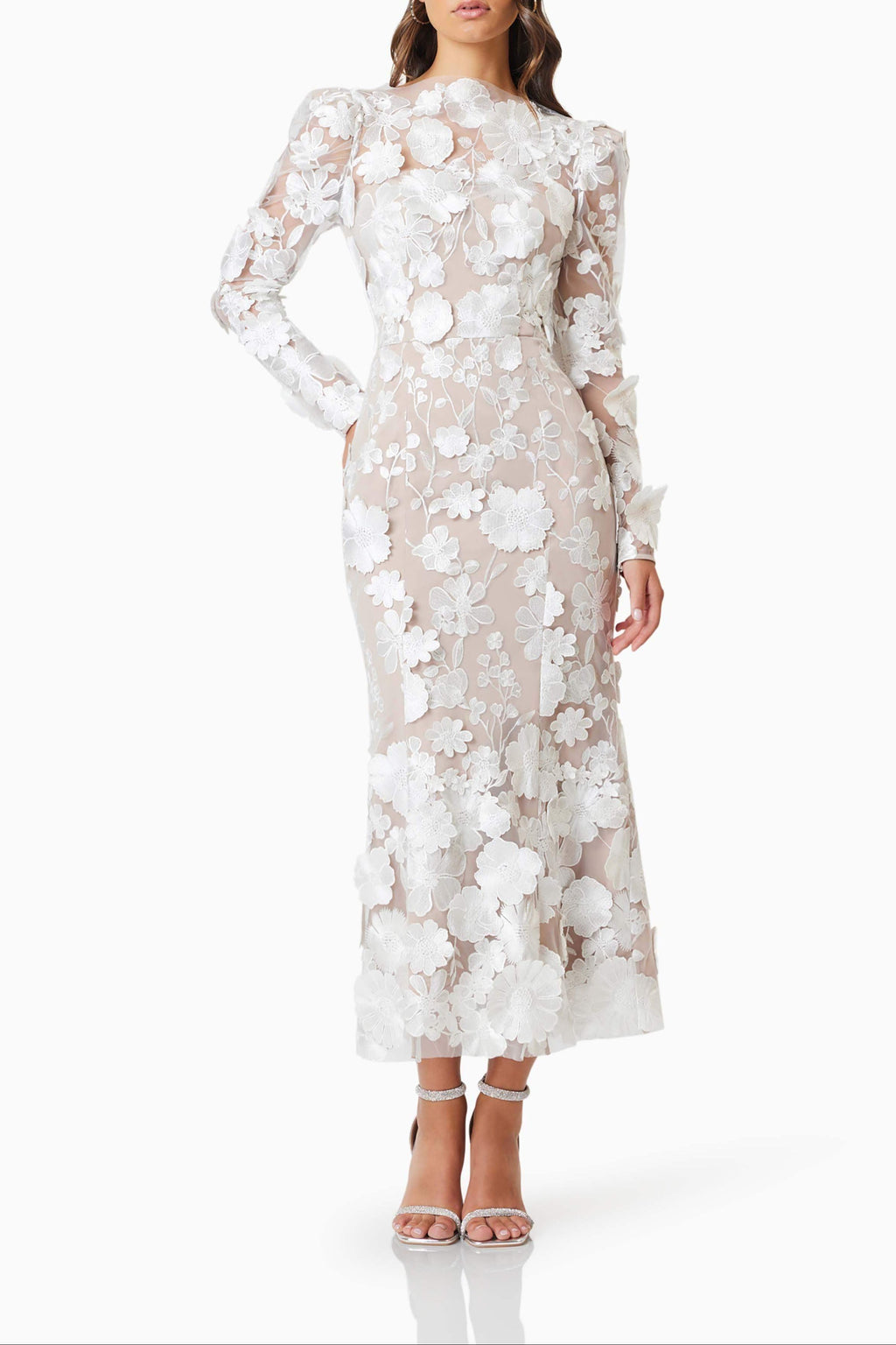 Shannon 3D Floral Midi Dress In White Flowering Girl