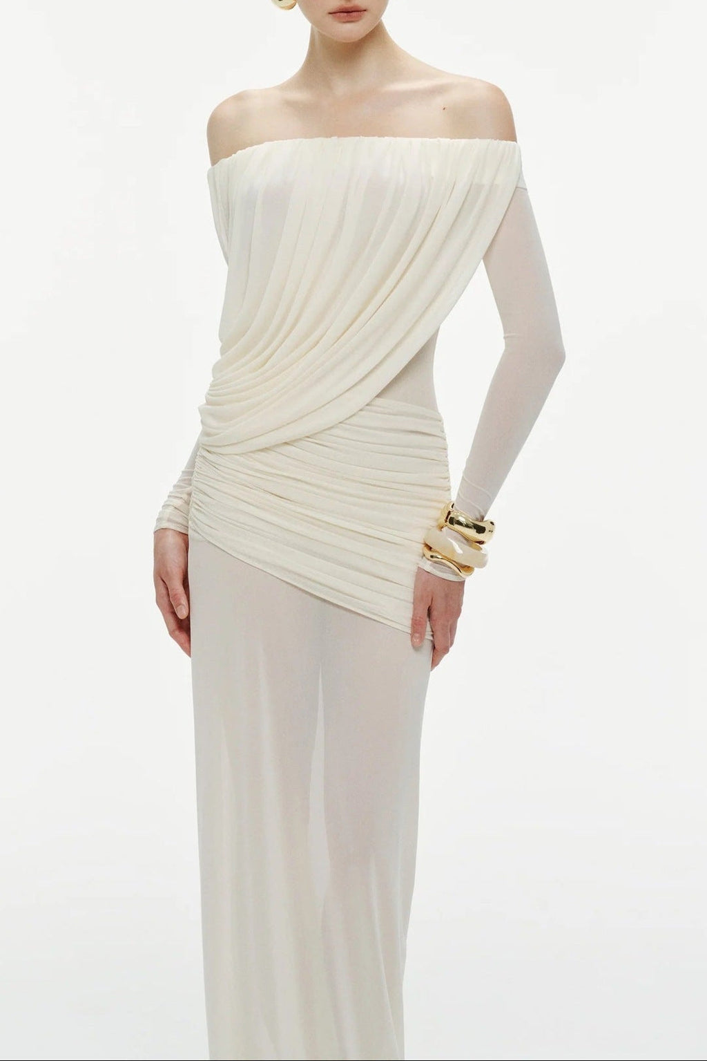 Cara Off-Shoulder Long Sleeve Pleated Mesh Maxi Dress In White Flowering Girl