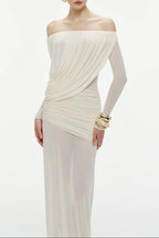 Cara Off-Shoulder Long Sleeve Pleated Mesh Maxi Dress In White Flowering Girl