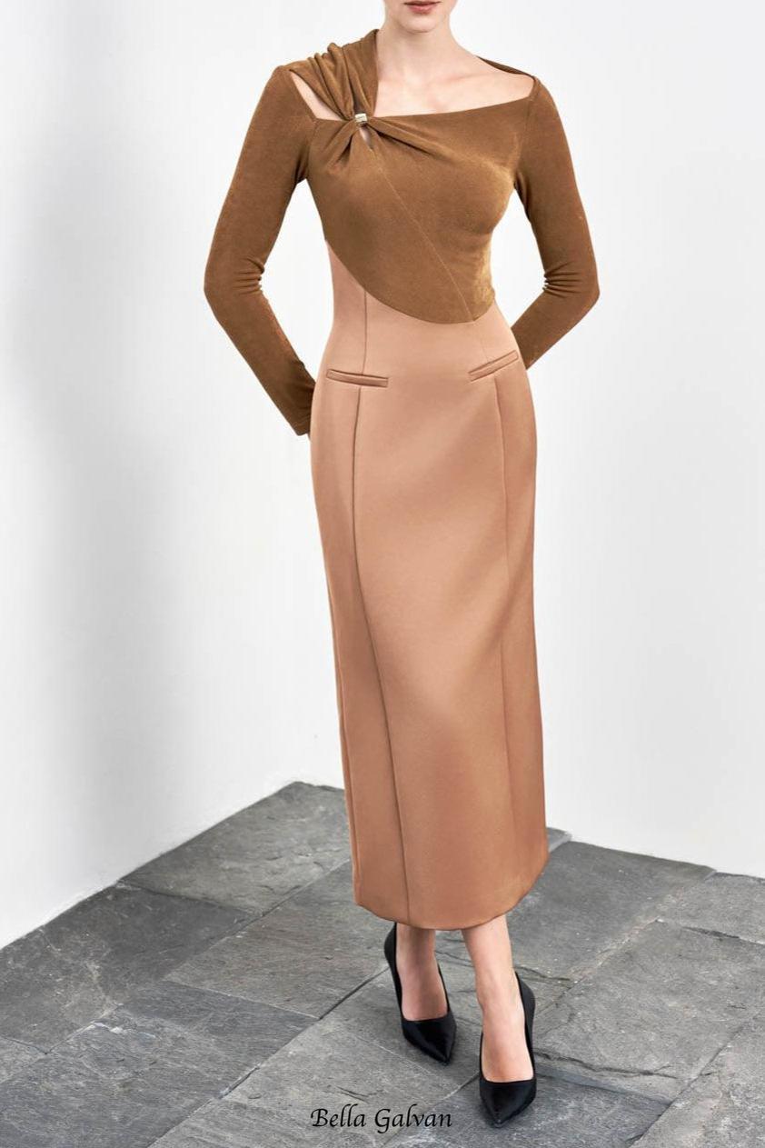 Eleanor Sheath Asymmetric Neck Taffeta Midi Dress in brown Flowering Girl