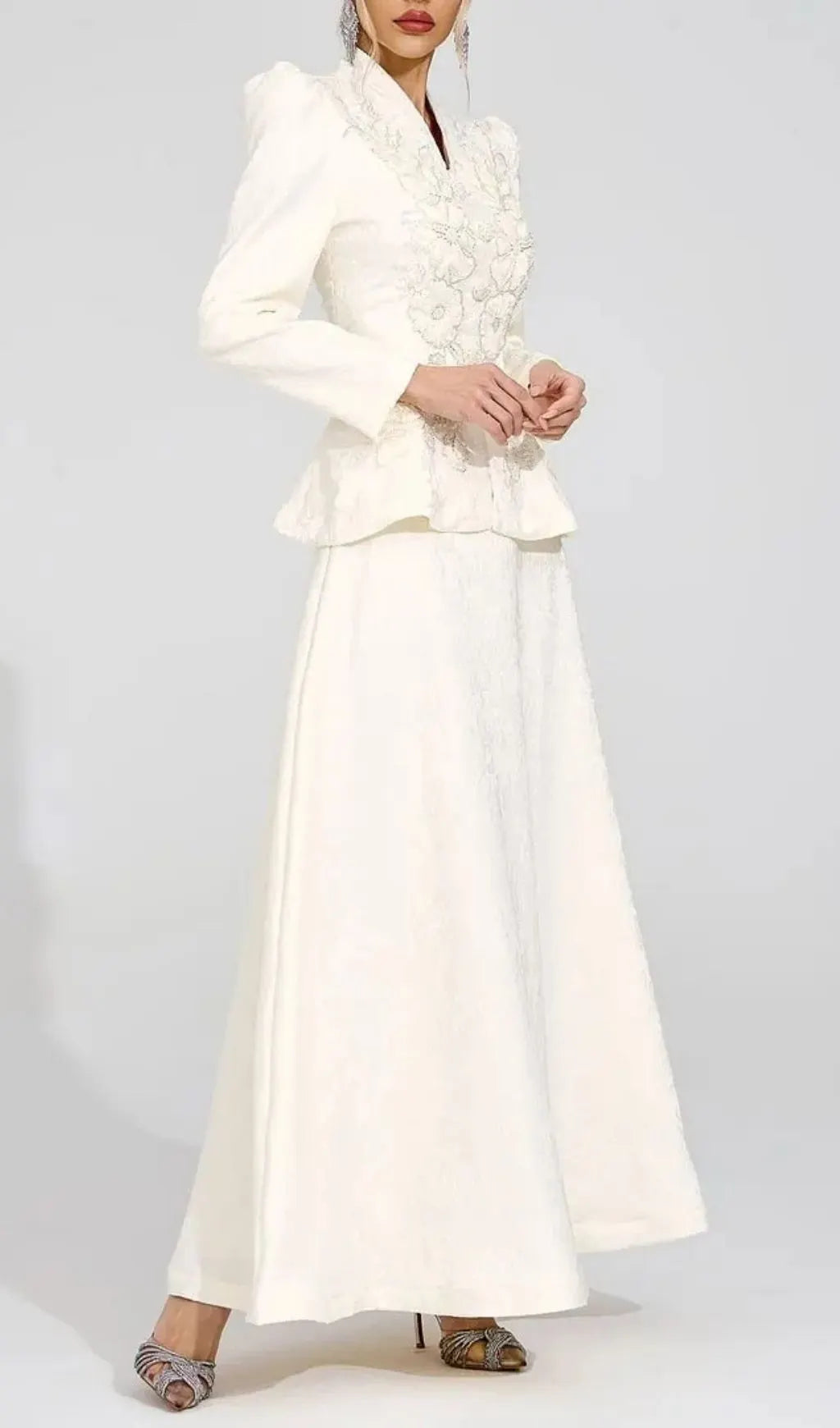 Sabrina Floral Embroidered Coat Maxi Skirt Set - Apricot Flowering Girl