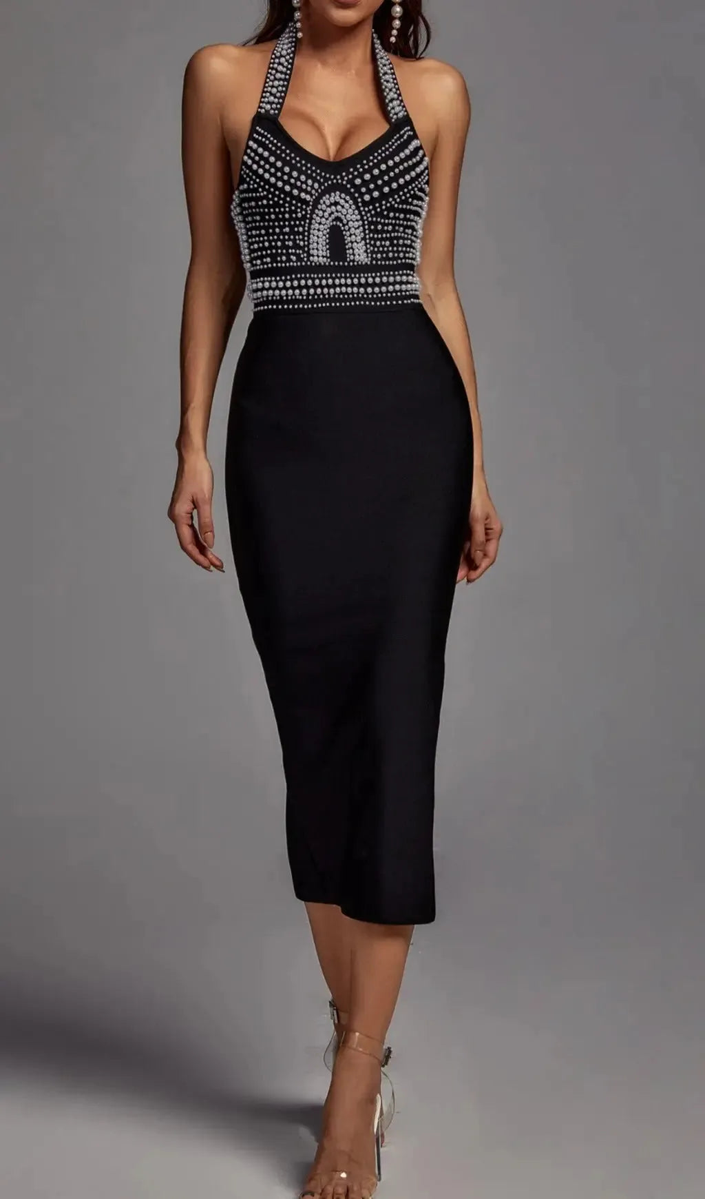 Black Pearl Halter Bandage Midi Dress Flowering Girl