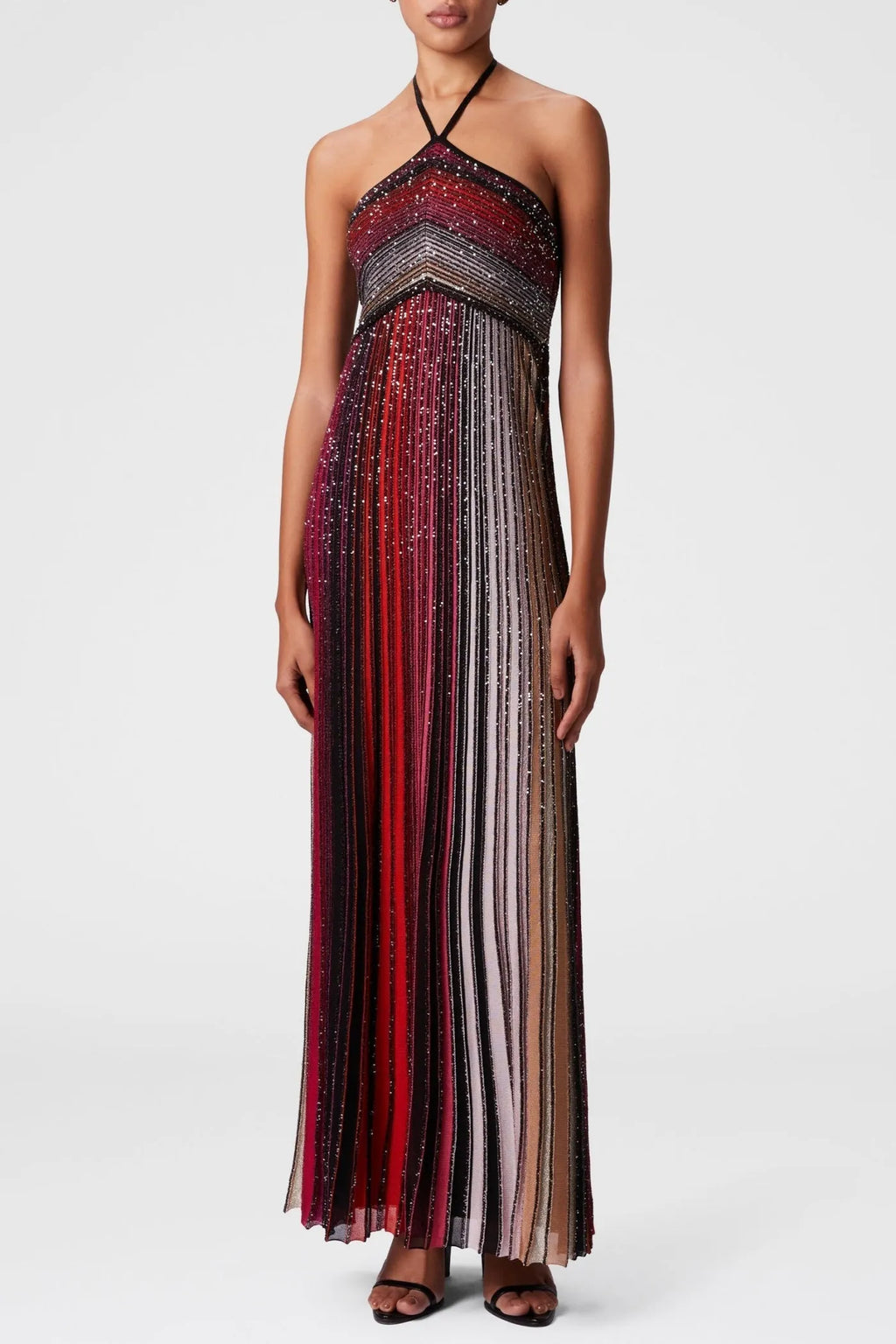 Halter Metallic Gradient Knit Maxi Dress - Red Flowering Girl