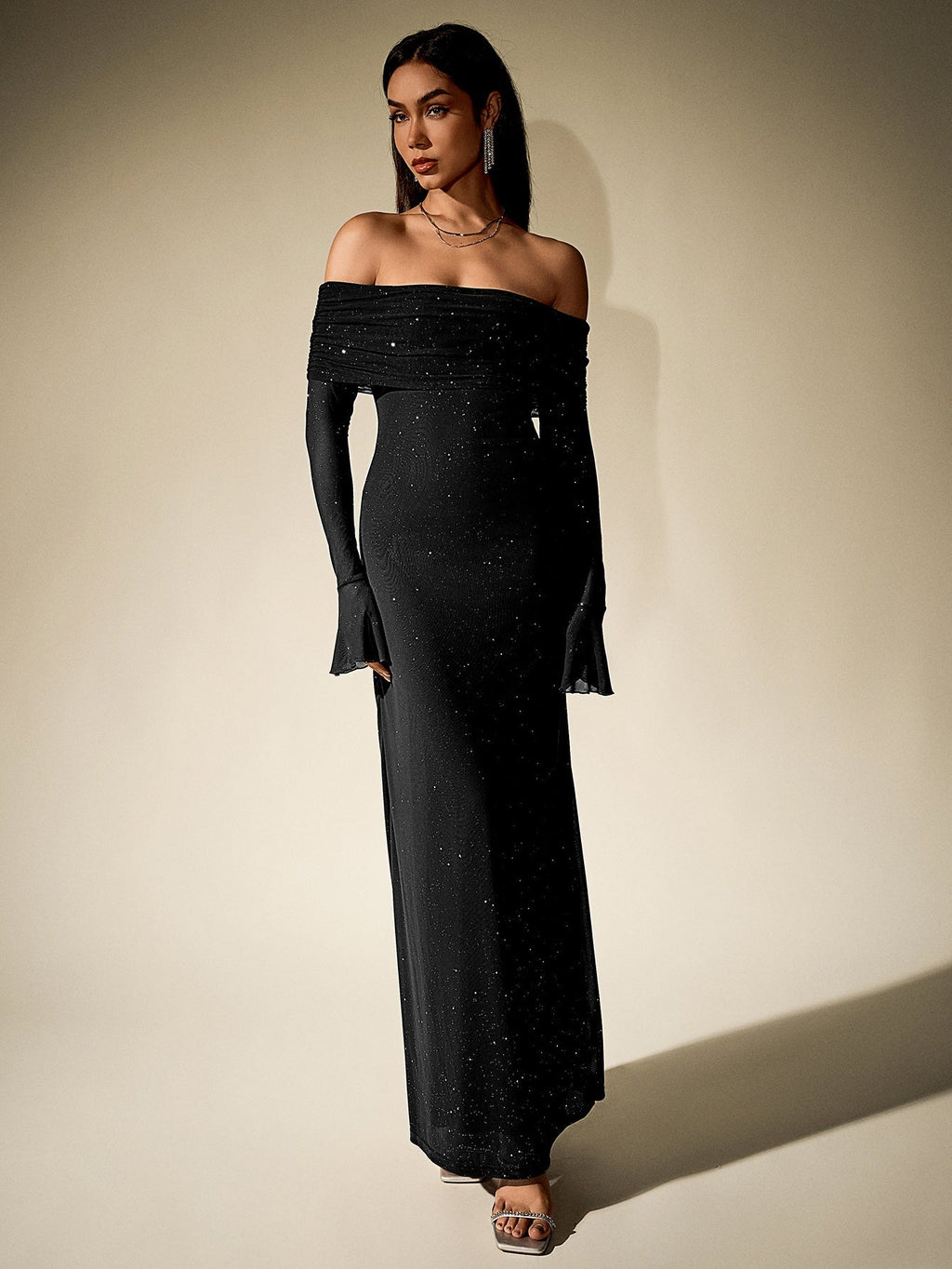 Off Shoulder Flounce Sleeve Mesh Sequin Dress Flowering Girl