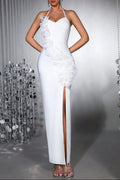 Anila 3d Floral Halter High Slit Maxi Dress In White Flowering Girl