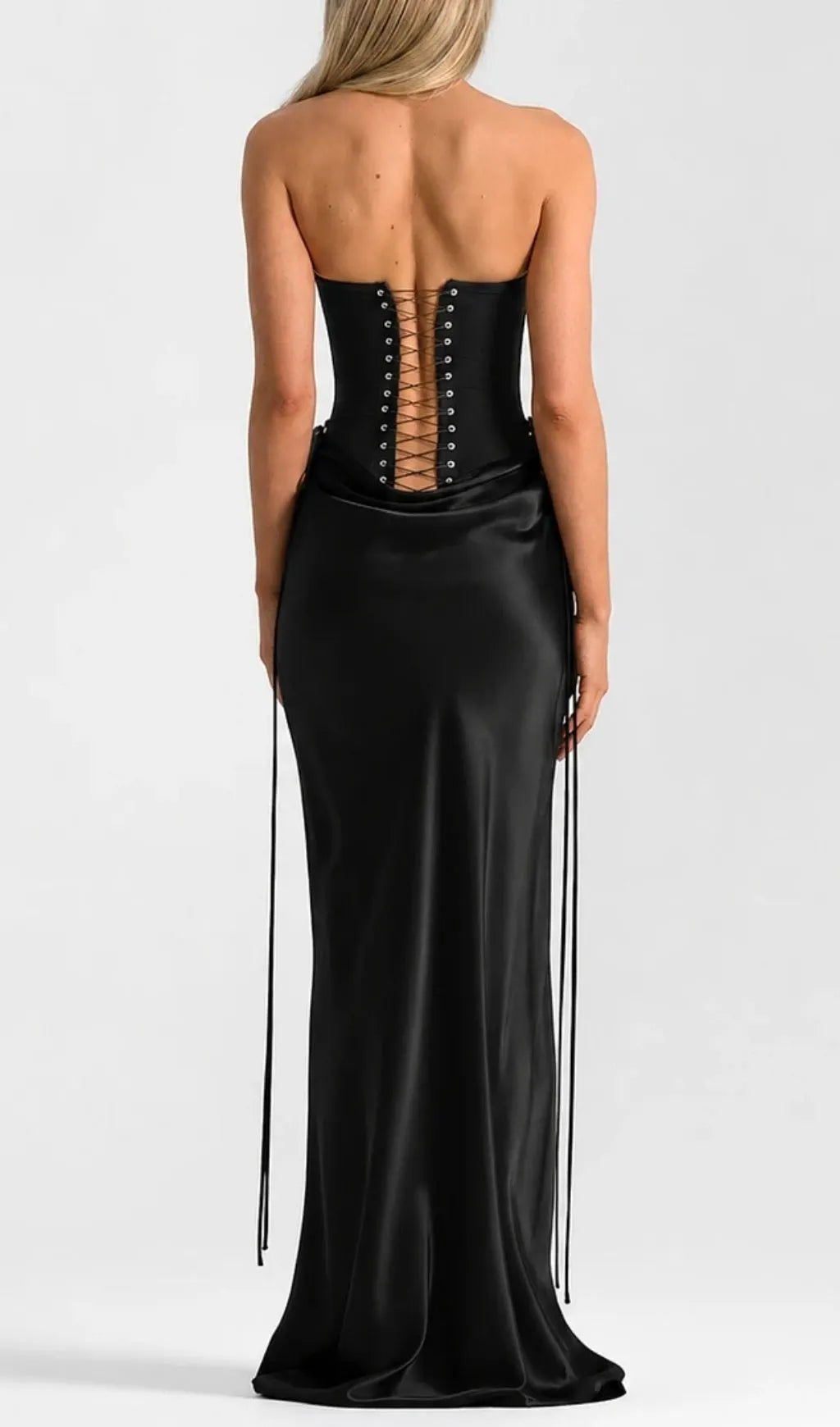Beatrix Strapless Corset Satin Maxi Dress - Black Flowering Girl