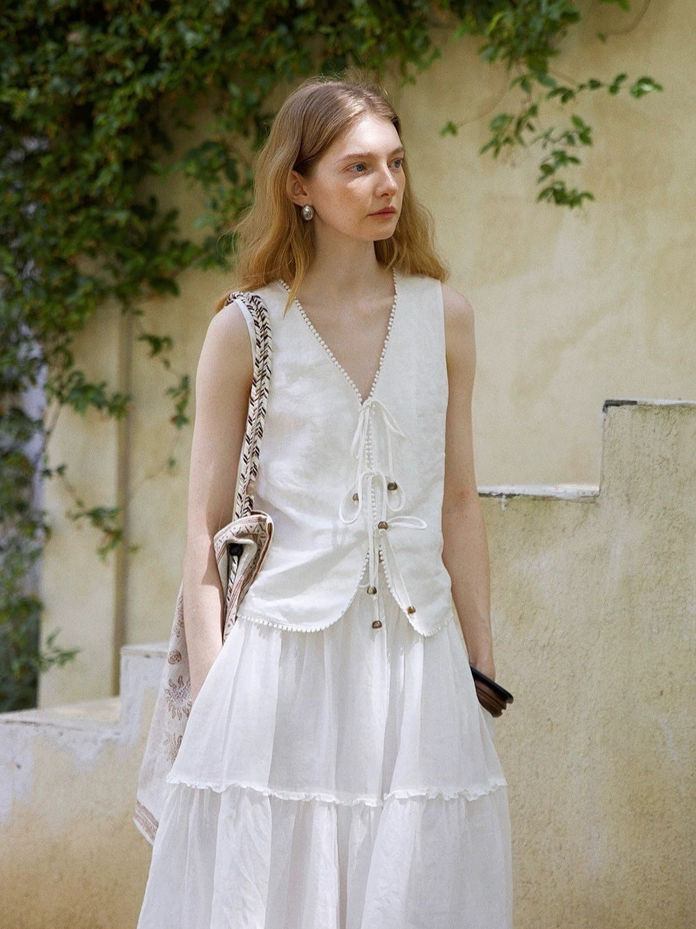 Beaded Linen Lace-Up Access Vest Flowering Girl