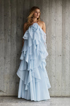 Off-Shoulder Ruffle Layered Maxi Dress In Blue Flowering Girl