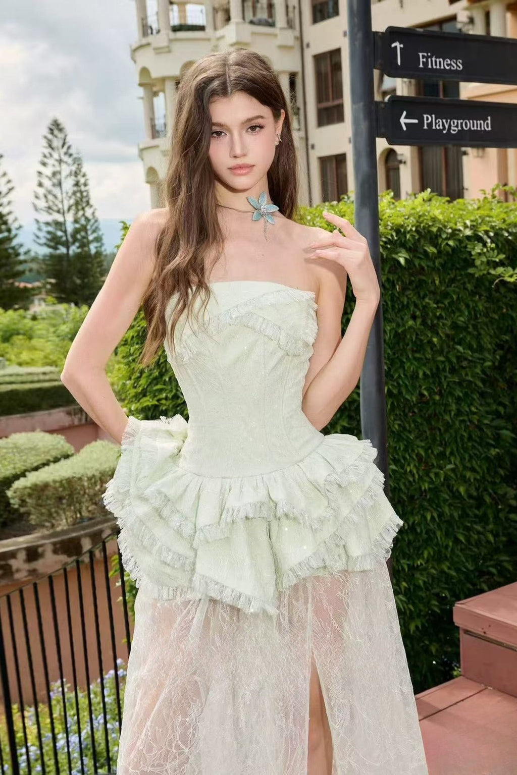 Tiffany Fitted Lace-Paneled Strapless Maxi Dress In Green Flowering Girl