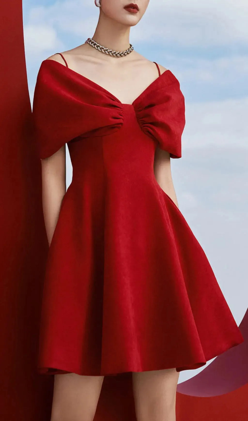 Red Off Shoulder Pleated A Line Dress Flowering Girl