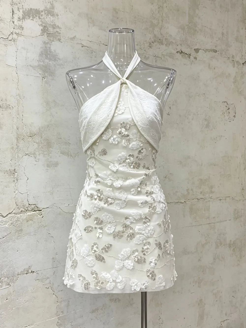 Maulana White Halter Sequin Embroidery Mini Dress Flowering Girl