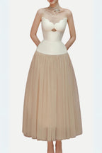 Two-Tone Hollow Tube Top Tulle Midi Dress Flowering Girl
