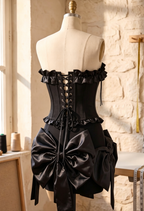 Black Structured Matte Crepe Fitted Corset with Voluminous Satin Bow Mini Skirt Two-Piece Set Flowering Girl