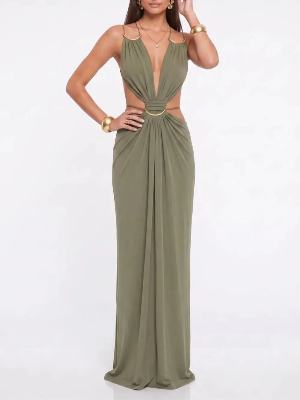 Lorysa Backless Cutout Maxi Dress In Matcha Flowering Girl