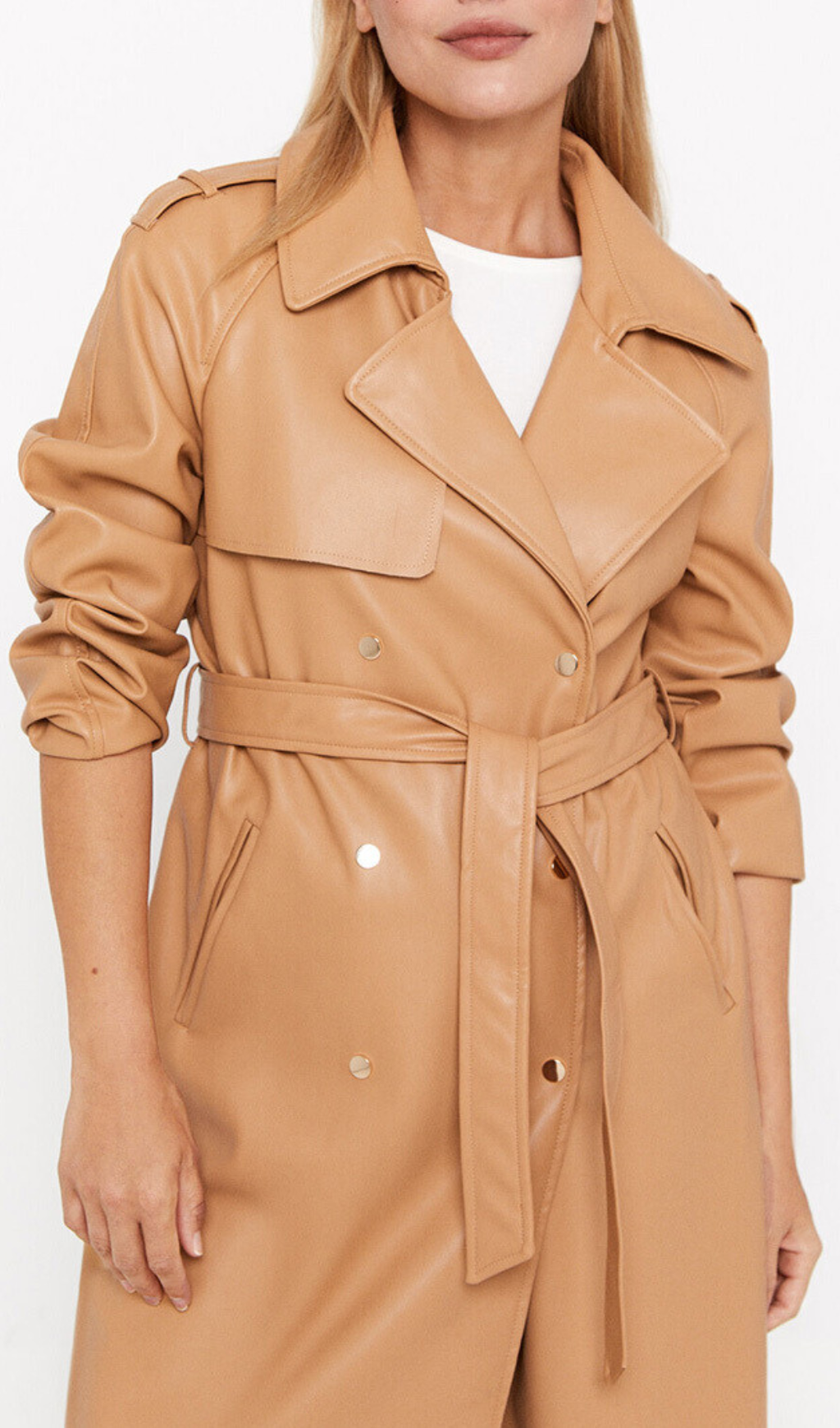 Faux Leather Double-Breasted Coat In Brown Yellow Flowering Girl