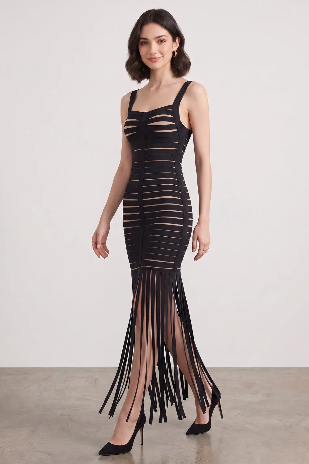 Black Bandage Knit Fringe Maxi Dress Flowering Girl