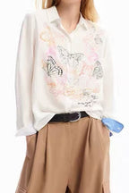 White Butterfly Print Button-Down Shirt With Striped Cuffs Flowering Girl