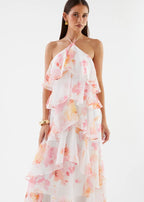 Floral Print Layerhalter Maxi Dress - Pink Floral Flowering Girl