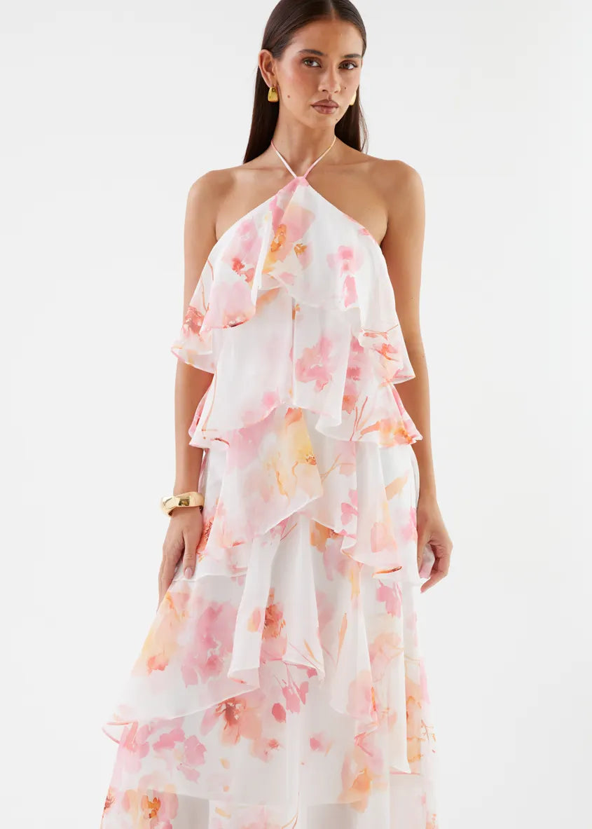 Floral Print Layerhalter Maxi Dress - Pink Floral Flowering Girl