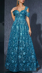 Dione Blue Flower Embroidery Maxi Dress Flowering Girl