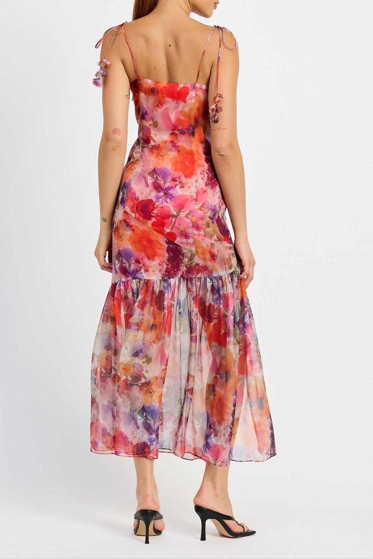 Red Multi Floral Tie Strap Midi Dress Flowering Girl
