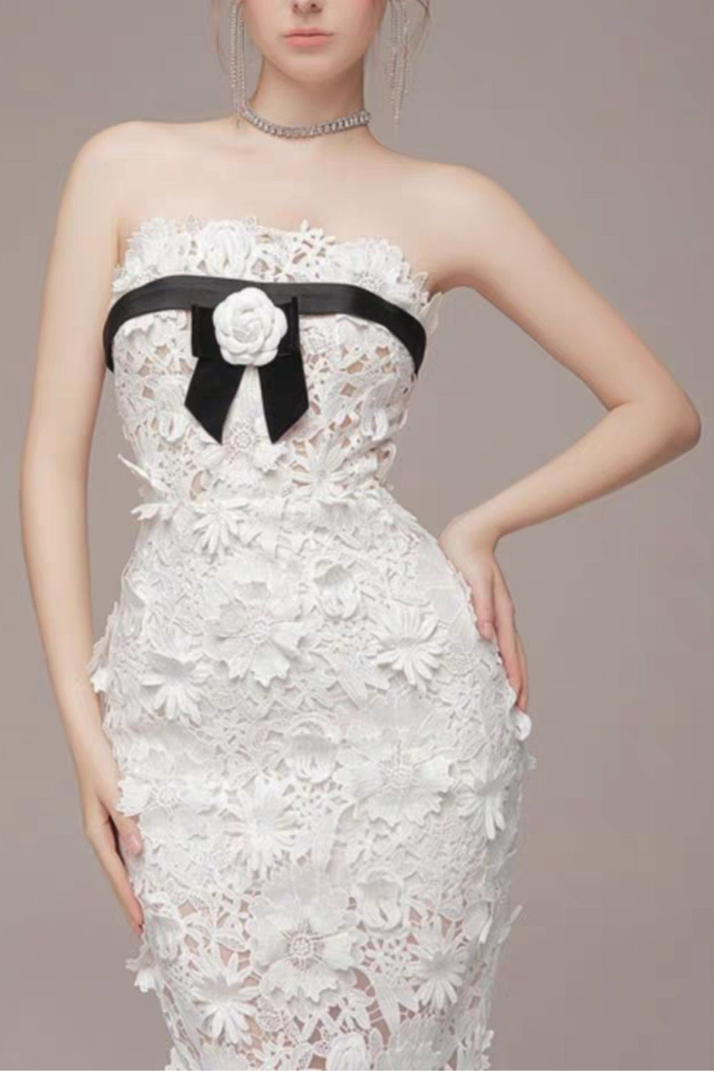 Strapless Flower Embroidery Maxi Dress In White Flowering Girl