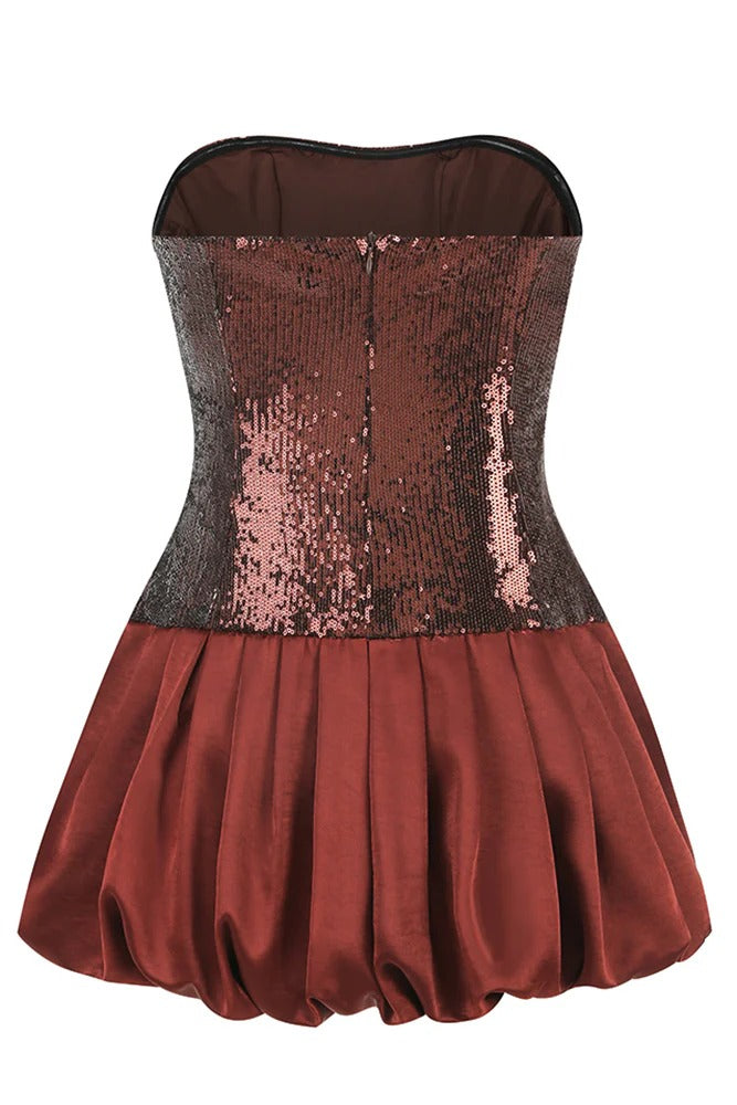 Strapless Sequin Bubble Mini Dress In Brown Flowering Girl