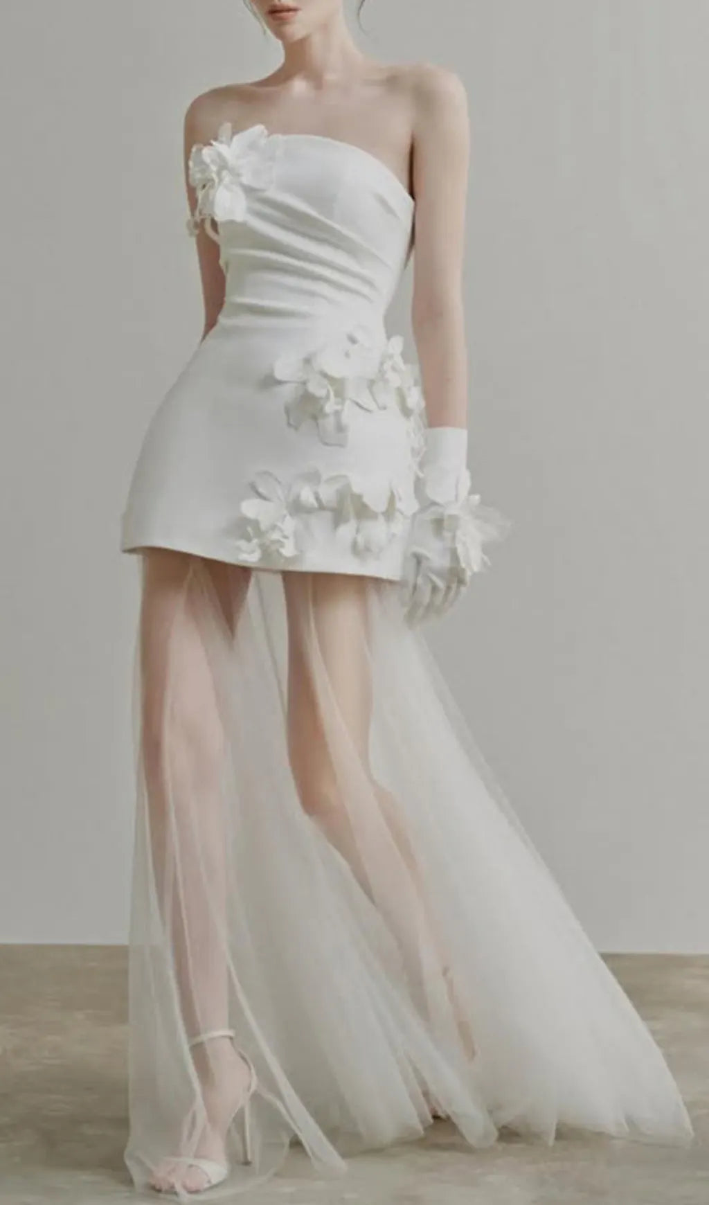 Doli White Strapless Flower Mesh Maxi Dress Flowering Girl