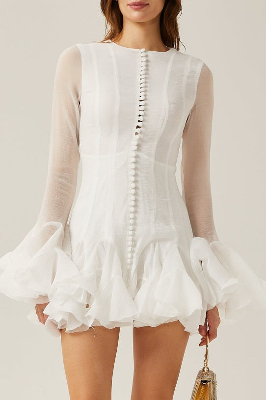 Alberta Semi-Sheer Ruffle Mini Dress - White Flowering Girl