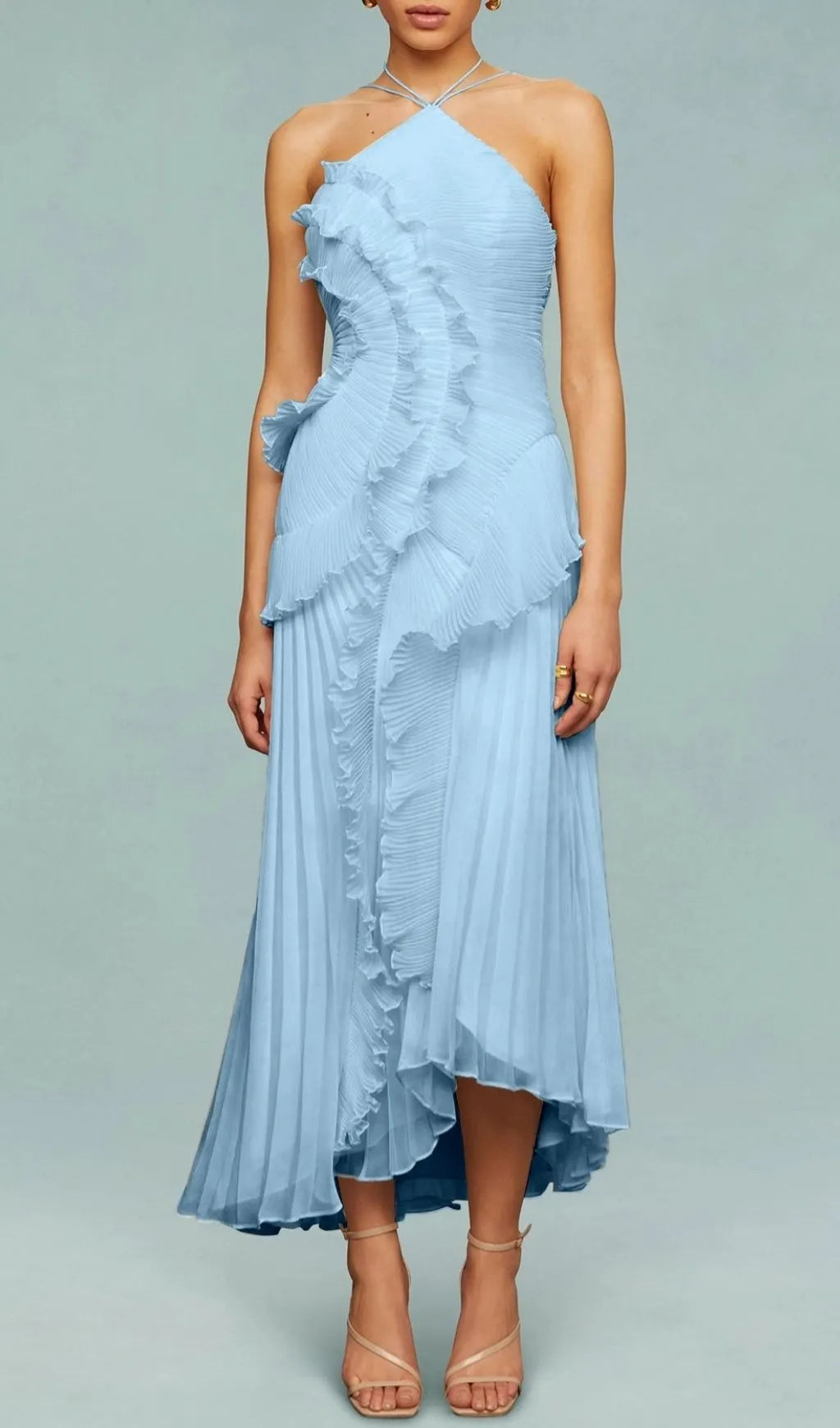Finneas Blue Halter Pleated Maxi Dress Flowering Girl