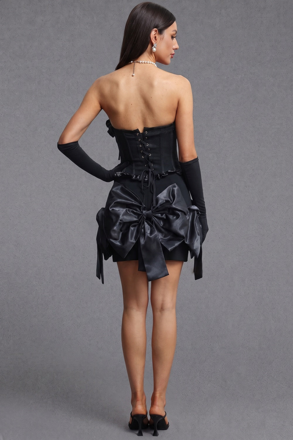 Black Structured Matte Crepe Fitted Corset with Voluminous Satin Bow Mini Skirt Two-Piece Set Flowering Girl