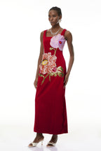 Nicola Square Neck Flower Embroidery Satin Maxi Dress In Red Flowering Girl