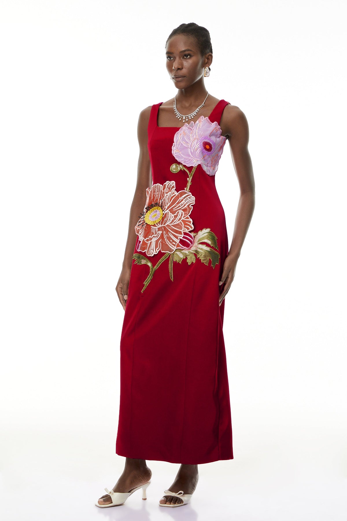 Nicola Square Neck Flower Embroidery Satin Maxi Dress In Red Flowering Girl